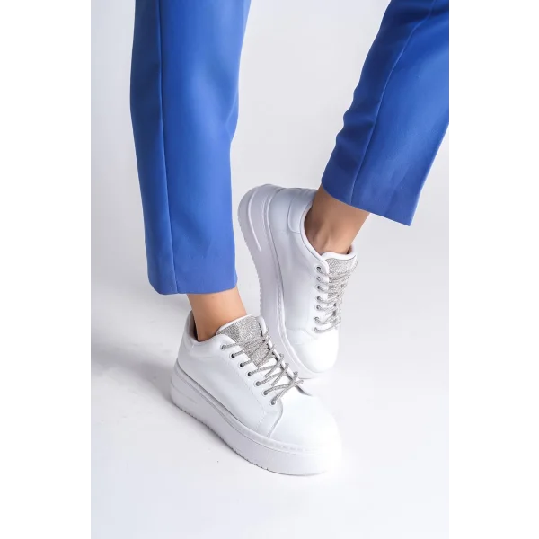 DELLA Bağcıklı Ortopedik Taban Taşlı Kadın Sneaker Spor Ayakkabı CBT - Beyaz