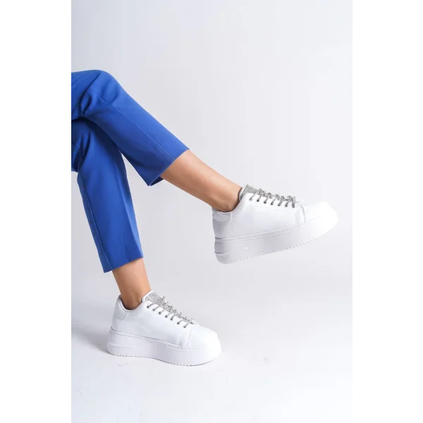 DELLA Bağcıklı Ortopedik Taban Taşlı Kadın Sneaker Spor Ayakkabı CBT - Beyaz