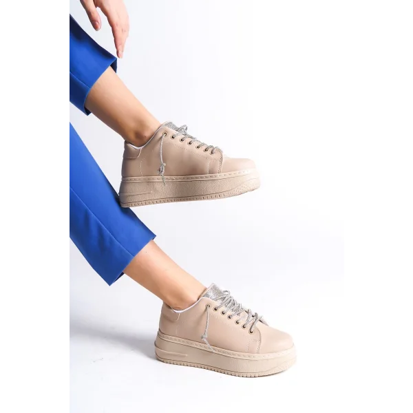 DELLA Bağcıklı Ortopedik Taban Taşlı Kadın Sneaker Spor Ayakkabı CTT - Ten