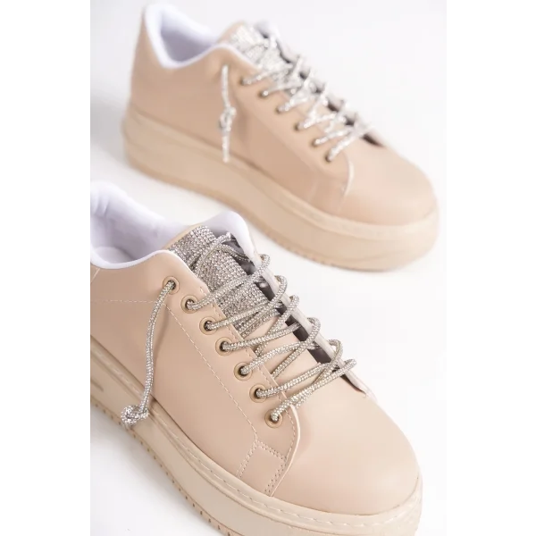 DELLA Bağcıklı Ortopedik Taban Taşlı Kadın Sneaker Spor Ayakkabı CTT - Ten