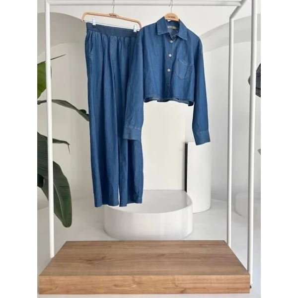 Denim Gömlek Plazzo Pantolon Takım 10163-08