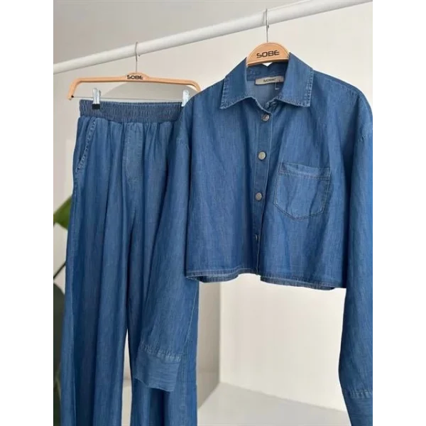 Denim Gömlek Plazzo Pantolon Takım 10163-08