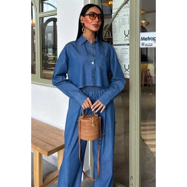 Denim Gömlek Plazzo Pantolon Takım 10163-08