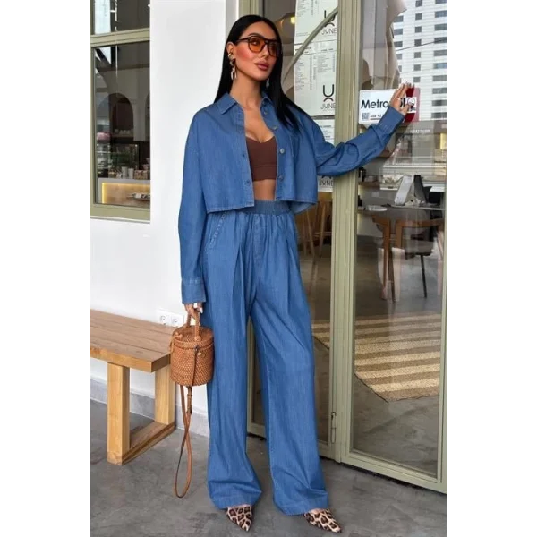 Denim Gömlek Plazzo Pantolon Takım 10163-08