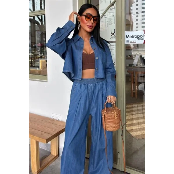 Denim Gömlek Plazzo Pantolon Takım 10163-08