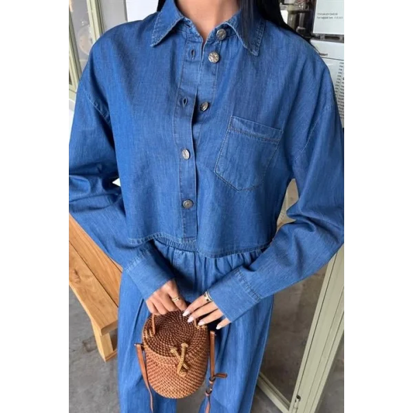 Denim Gömlek Plazzo Pantolon Takım 10163-08