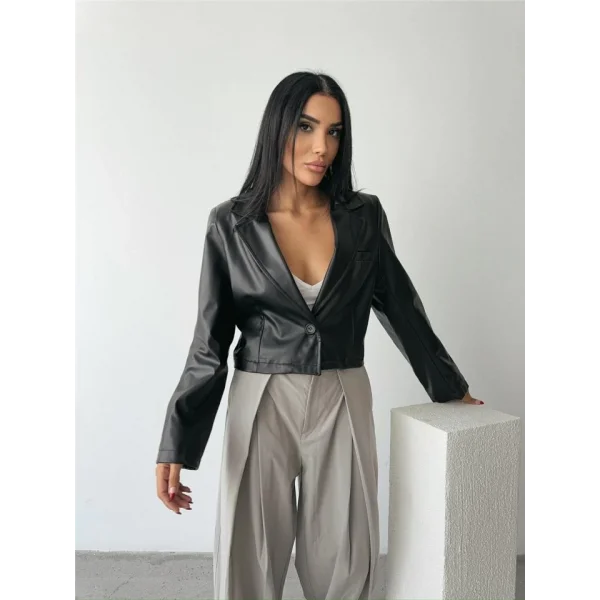 DERİ CROP CEKET TEK DÜĞE  iyah