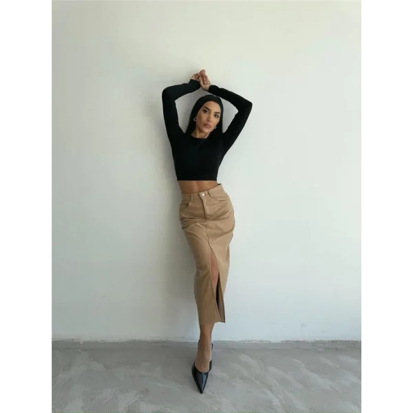 DERİ ETEK YIRTMAÇLI - Bej