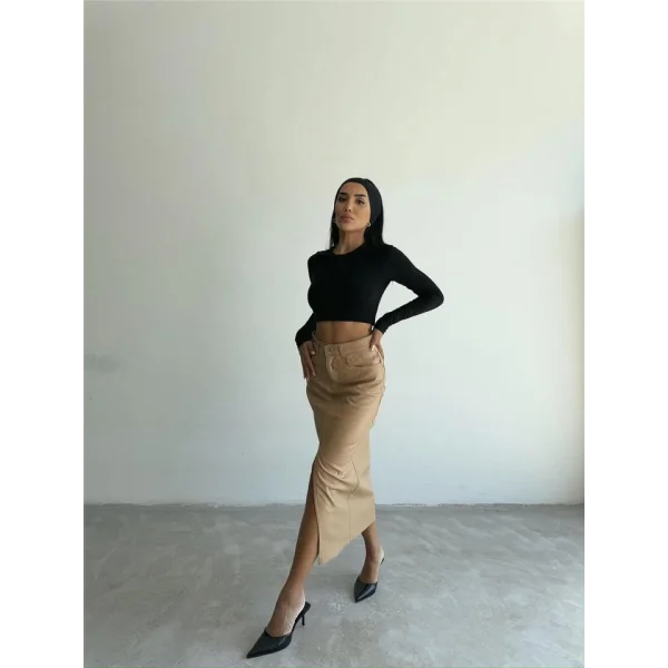 DERİ ETEK YIRTMAÇLI - Bej