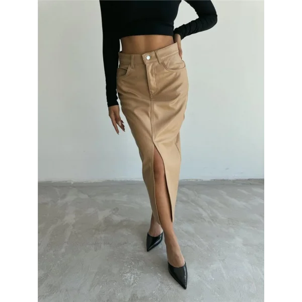 DERİ ETEK YIRTMAÇLI - Bej