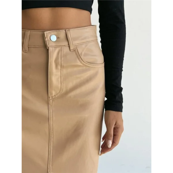 DERİ ETEK YIRTMAÇLI - Bej