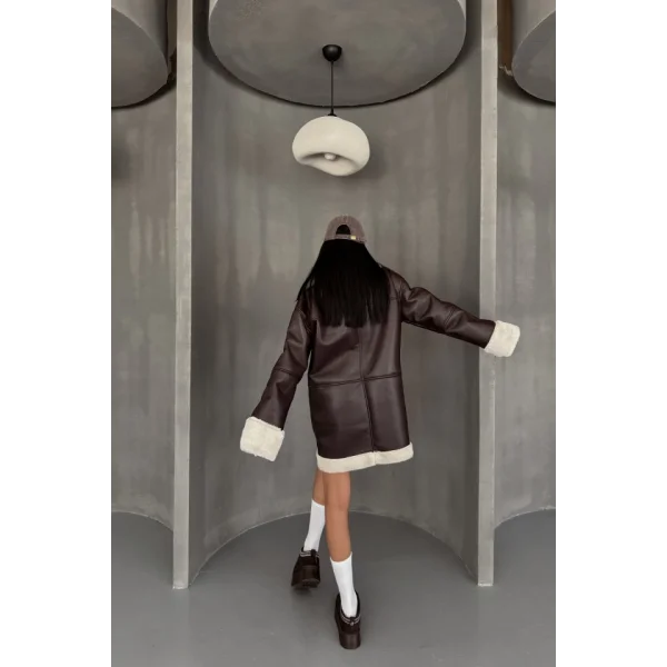 DERİ MONT KOL VE YAKA PELUŞ KAPAKSIZ CEP DETAYLI - Kahverengi