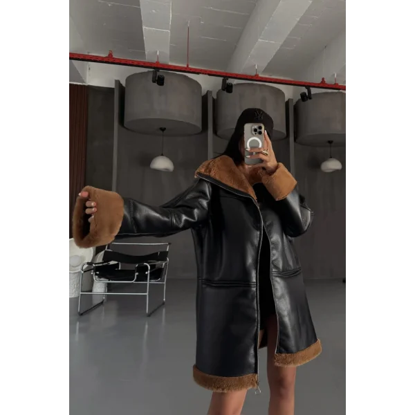 DERİ MONT KOL VE YAKA PELUŞ KAPAKSIZ CEP DETAYLI - Siyah-Taba