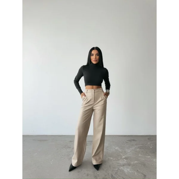 DERİ PALAZZO PANTOLON BORU PAÇA - Taş