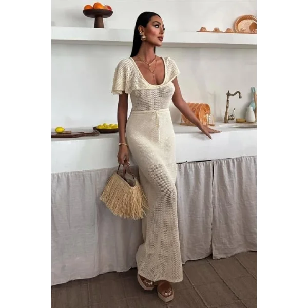 Derin Yakalı Ve File Detaylı Triko Elbise 2867