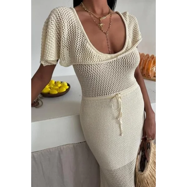 Derin Yakalı Ve File Detaylı Triko Elbise 2867