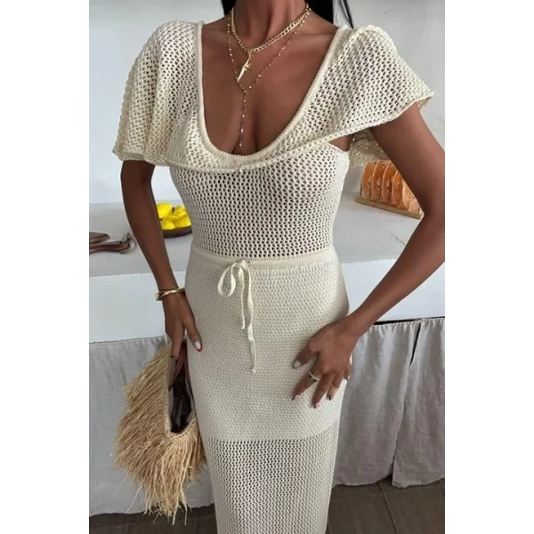 Derin Yakalı Ve File Detaylı Triko Elbise 2867