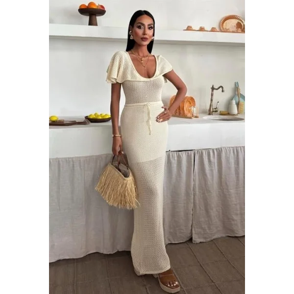 Derin Yakalı Ve File Detaylı Triko Elbise 2867