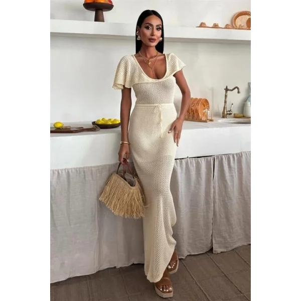 Derin Yakalı Ve File Detaylı Triko Elbise 2867