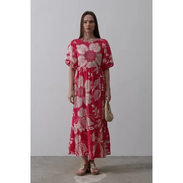 Desenli Balon Kol Kloş Elbise - Pembe