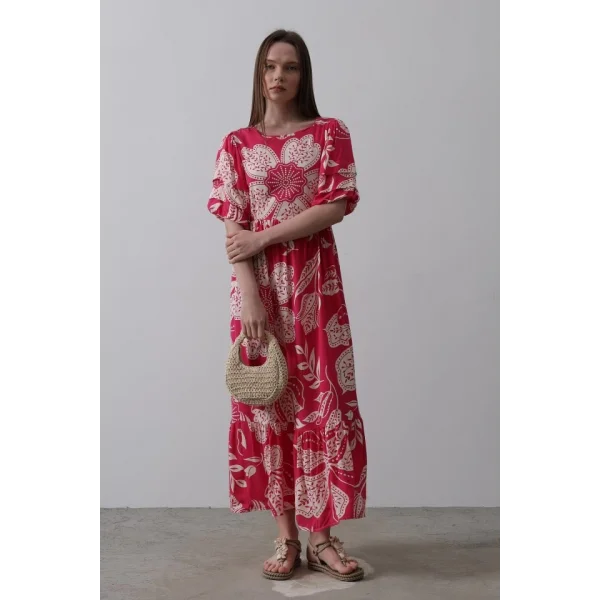 Desenli Balon Kol Kloş Elbise - Pembe