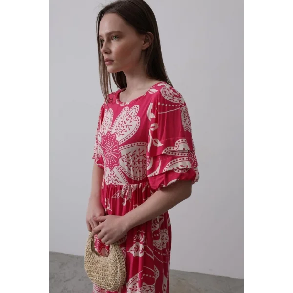 Desenli Balon Kol Kloş Elbise - Pembe