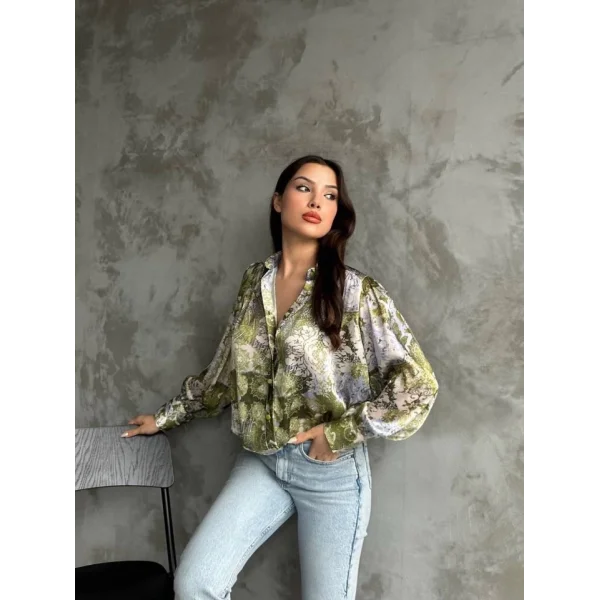 Desenli Dökümlü Saten Gömlek