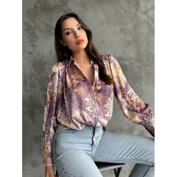 Desenli Dökümlü Saten Gömlek