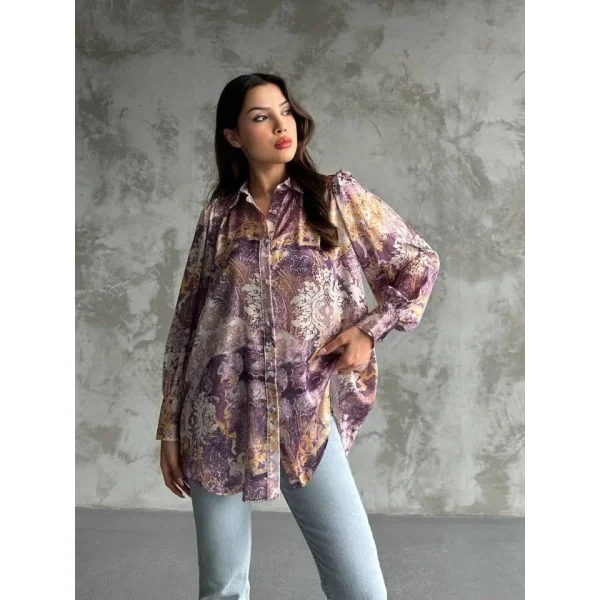 Desenli Dökümlü Saten Gömlek