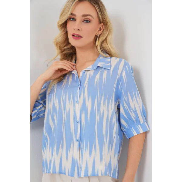 Desenli Kısa Kol Crop Gömlek 20337 - Mavi