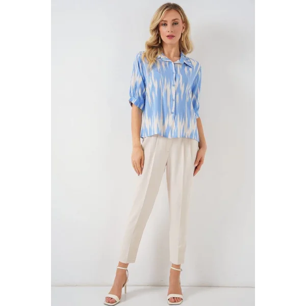 Desenli Kısa Kol Crop Gömlek 20337 - Mavi