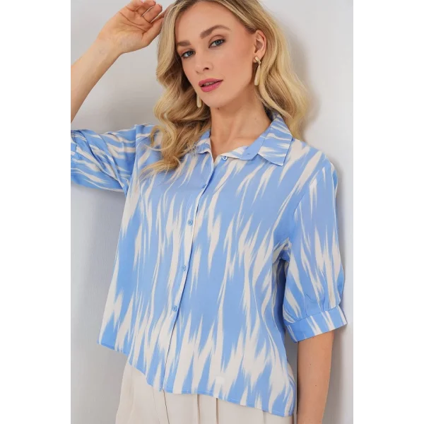 Desenli Kısa Kol Crop Gömlek 20337 - Mavi