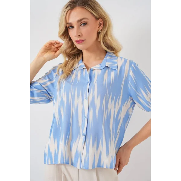 Desenli Kısa Kol Crop Gömlek 20337 - Mavi