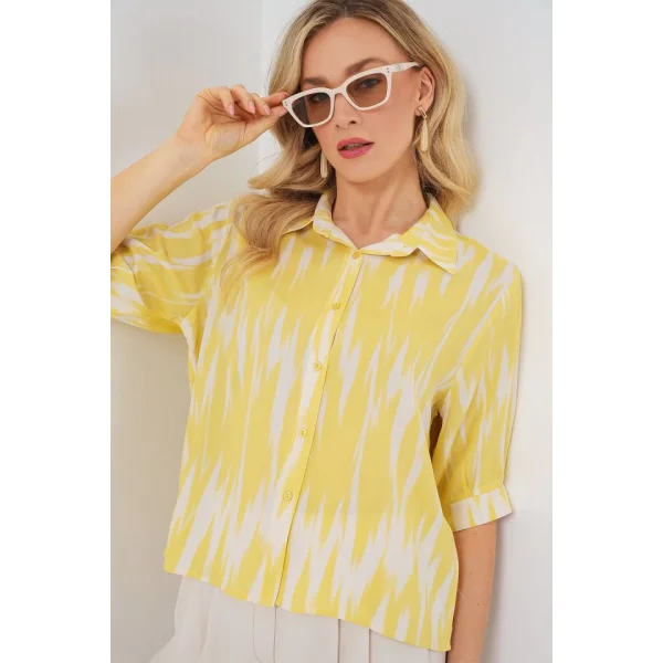 Desenli Kısa Kol Crop Gömlek 20337 - Sarı