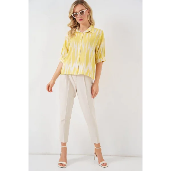 Desenli Kısa Kol Crop Gömlek 20337 - Sarı