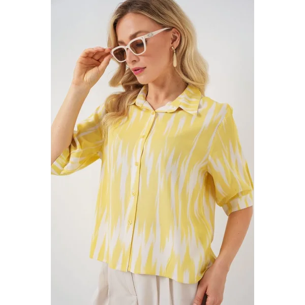 Desenli Kısa Kol Crop Gömlek 20337 - Sarı