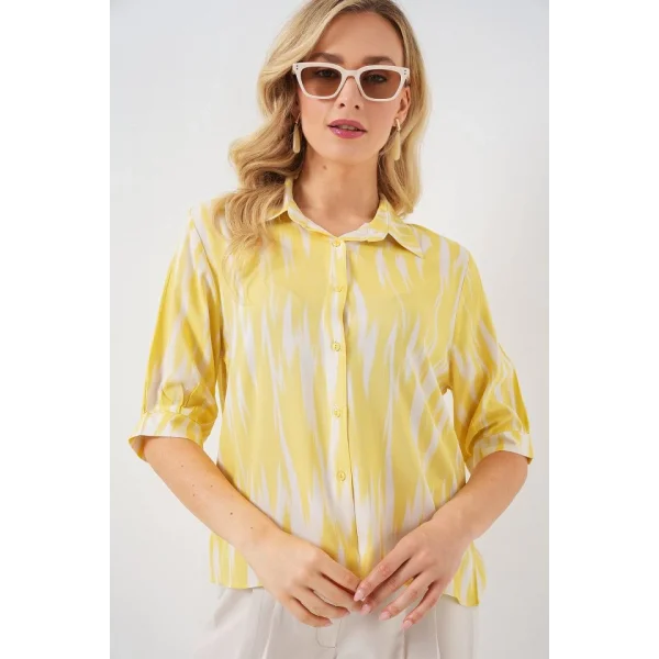 Desenli Kısa Kol Crop Gömlek 20337 - Sarı