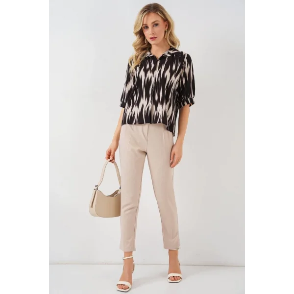 Desenli Kısa Kol Crop Gömlek 20337 - Siyah