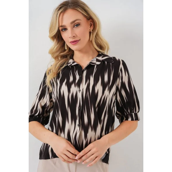 Desenli Kısa Kol Crop Gömlek 20337 - Siyah