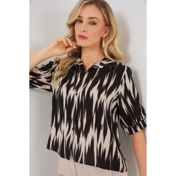 Desenli Kısa Kol Crop Gömlek 20337 - Siyah