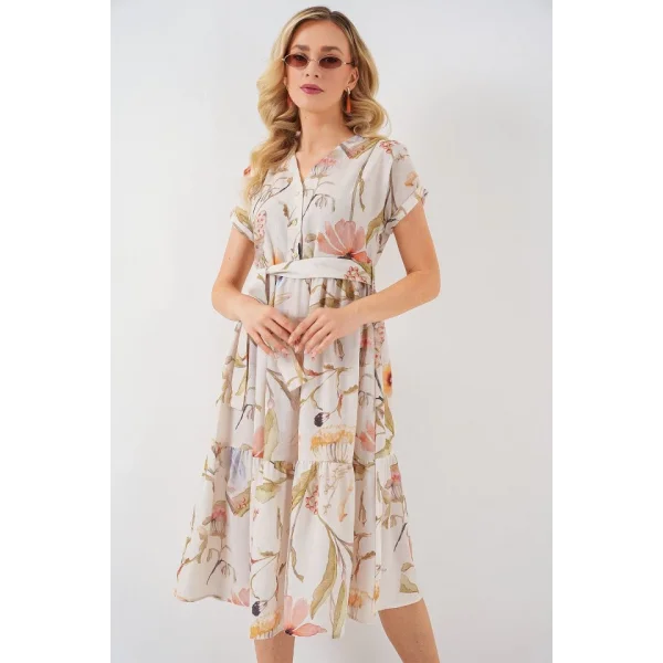 Desenli Kısa Kol Elbise 2558 - Krem