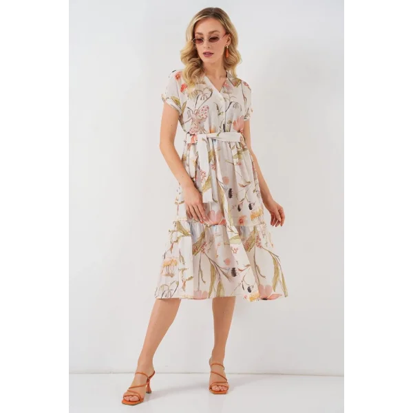 Desenli Kısa Kol Elbise 2558 - Krem