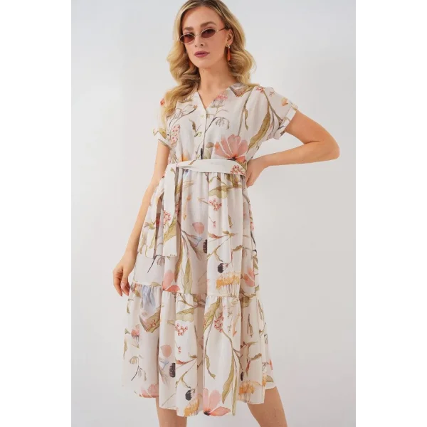 Desenli Kısa Kol Elbise 2558 - Krem