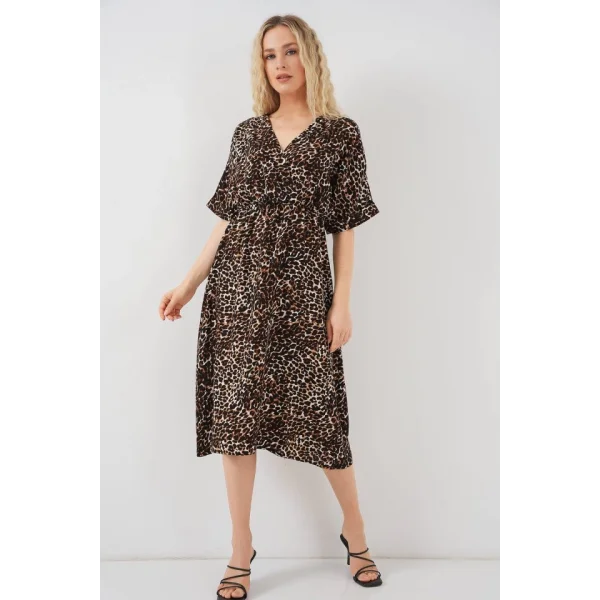 Desenli Kısa Kol Elbise 2569 - C. Kahverengi