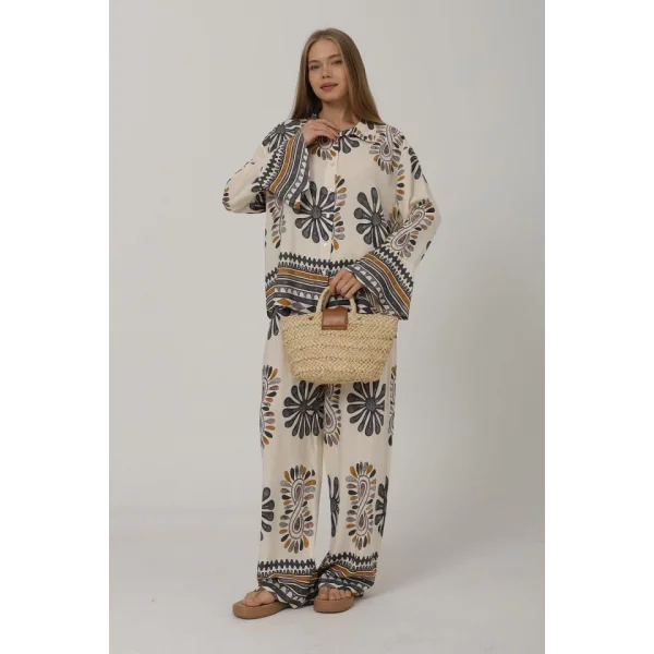 Desenli Kolları Volanlı Pantolon Takım - Antrasit