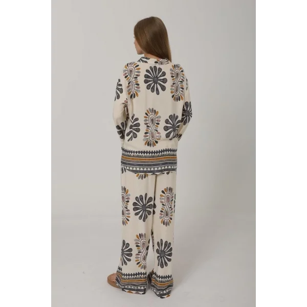 Desenli Kolları Volanlı Pantolon Takım - Antrasit