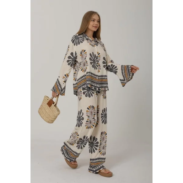 Desenli Kolları Volanlı Pantolon Takım - Antrasit