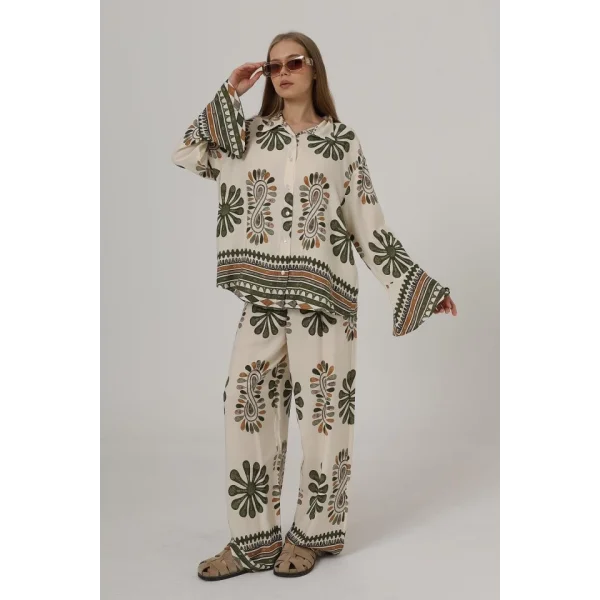 Desenli Kolları Volanlı Pantolon Takım - Haki