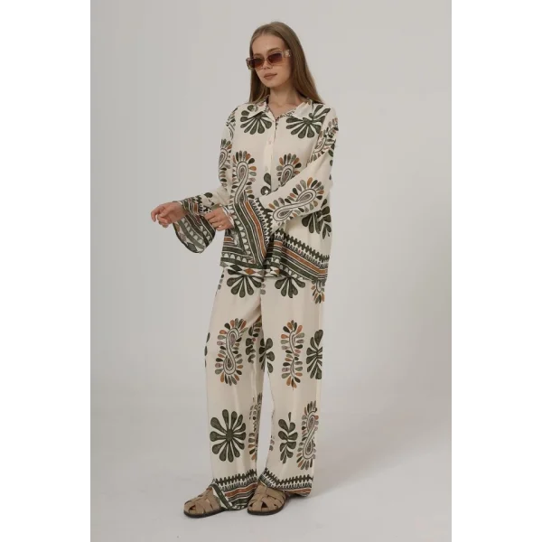 Desenli Kolları Volanlı Pantolon Takım - Haki