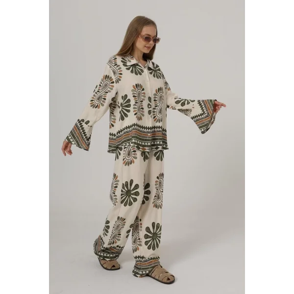 Desenli Kolları Volanlı Pantolon Takım - Haki